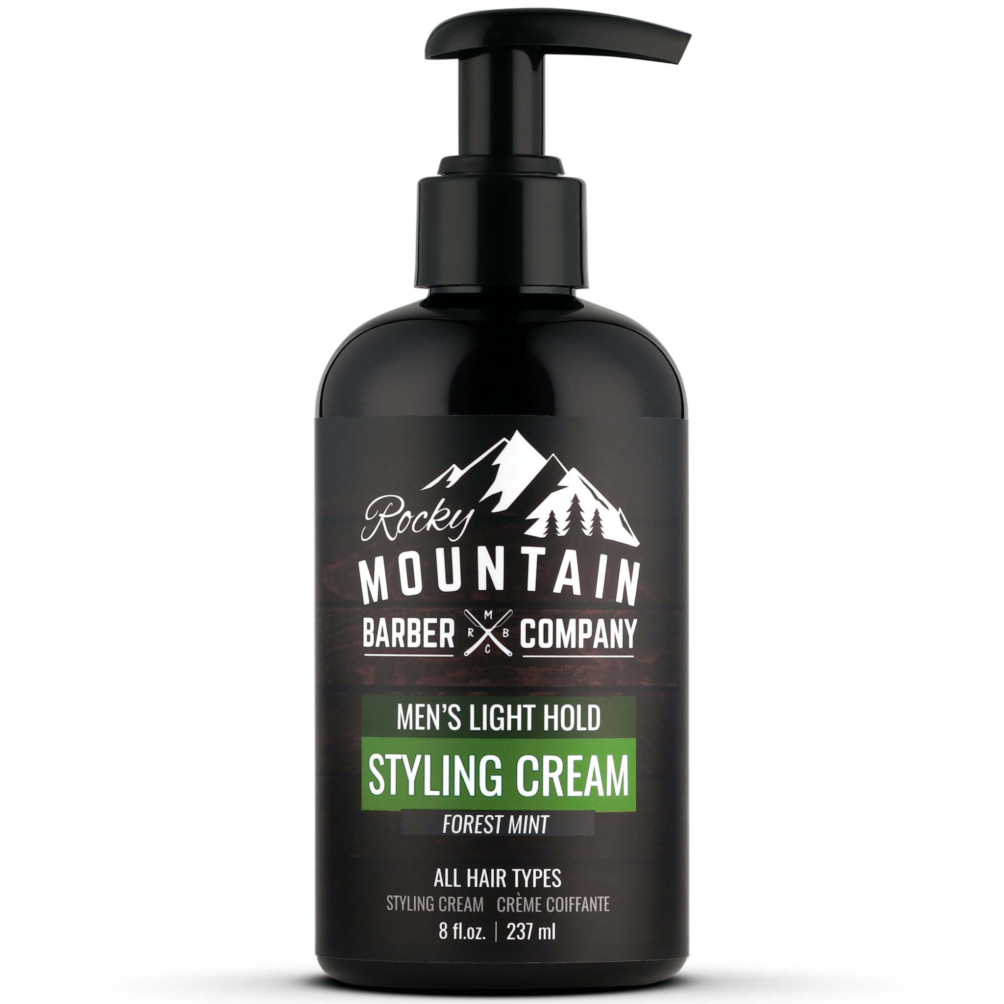 Rocky Mountain Barber Company Styling Hair Cream bottle with pump for easy one-handed application.