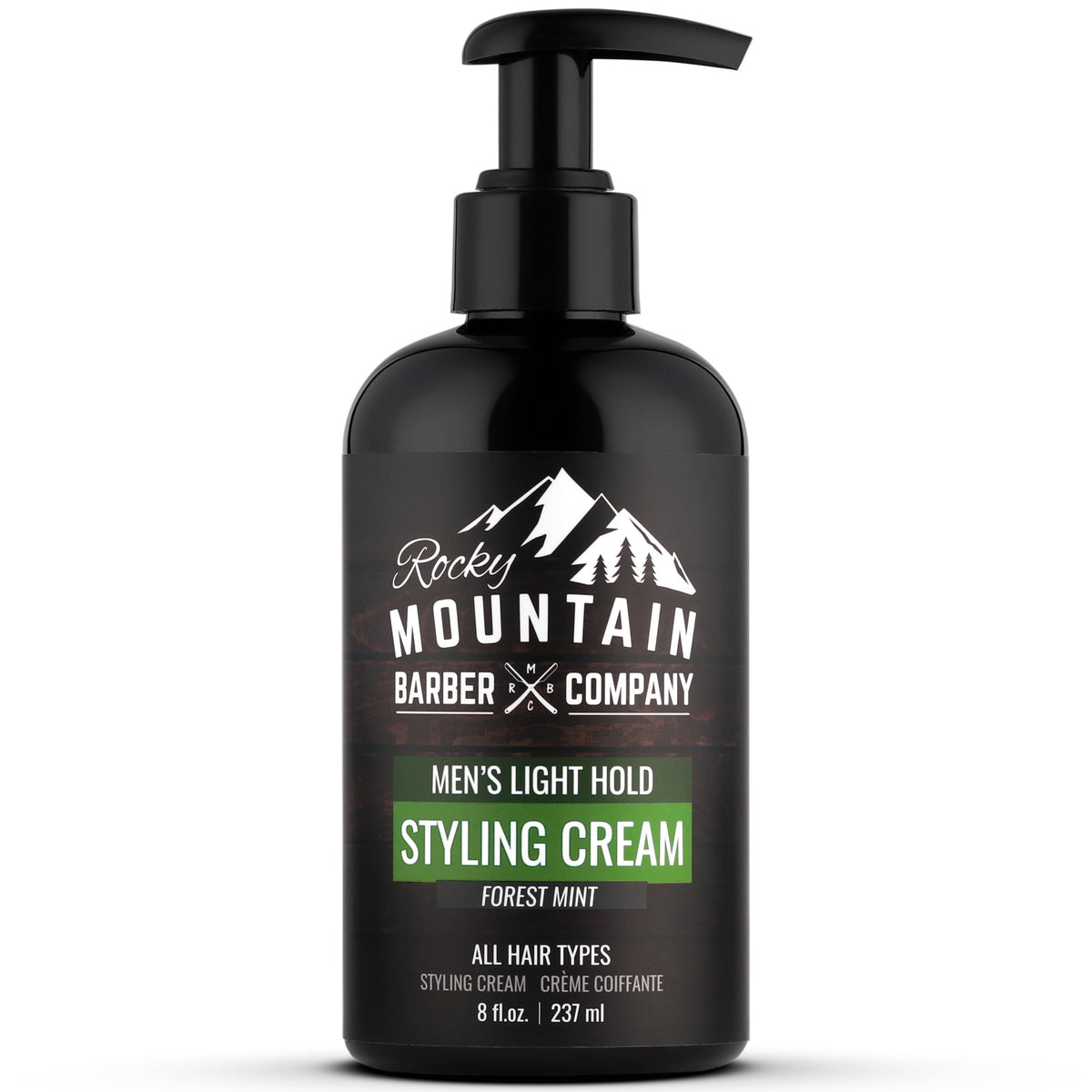 Rocky Mountain Barber Company Styling Hair Cream bottle with pump for easy one-handed application.
