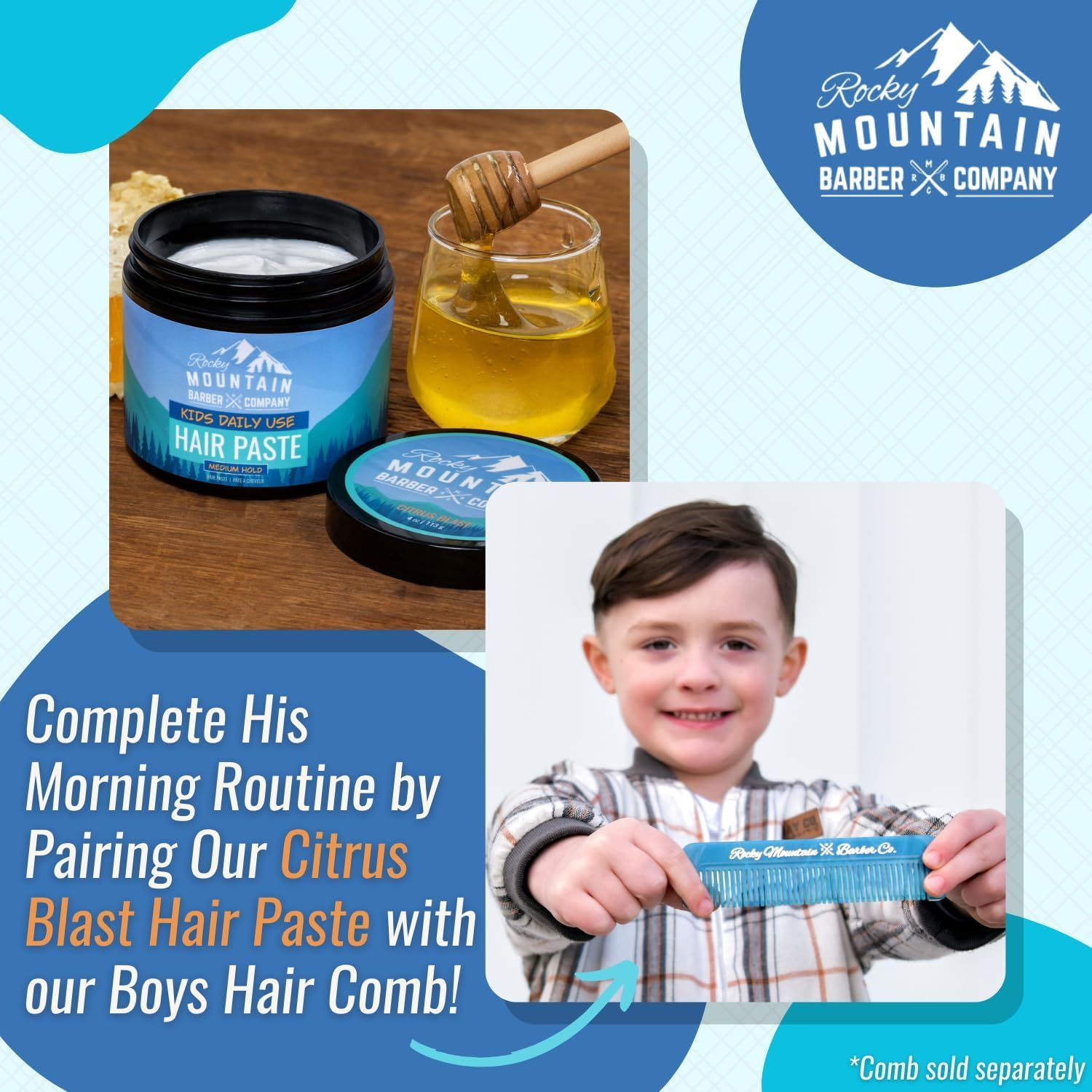 Rocky Mountain Barber Company kids bed head look transformed with medium hold paste.