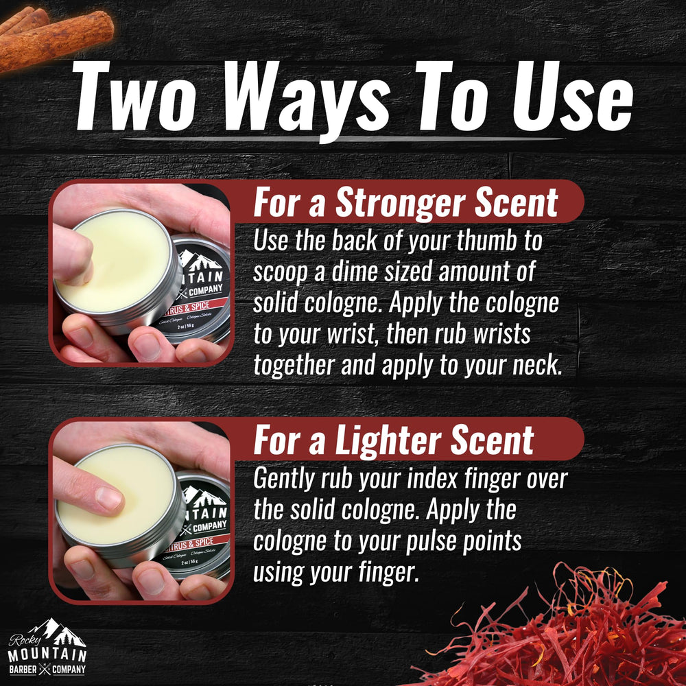 Rocky Mountain Barber Solid Cologne angled view emphasizes compact, leak-free portability.