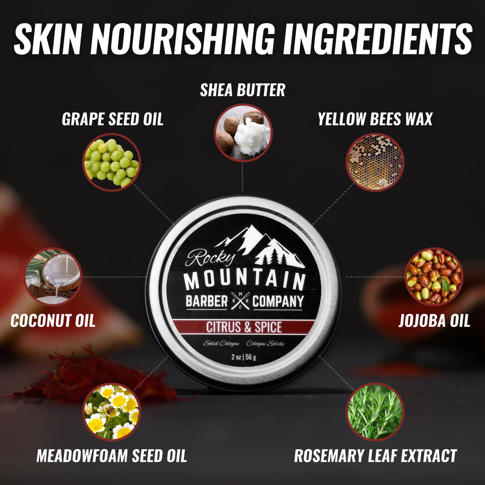 Rocky Mountain Barber ingredients avocado and coconut oils nourish skin while scent lasts.