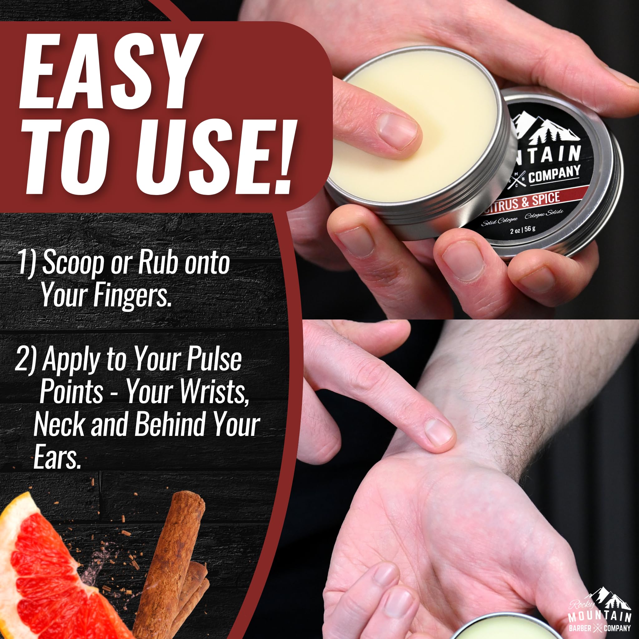 Rocky Mountain Barber Solid Cologne travel-friendly tin for on-the-go refreshment.