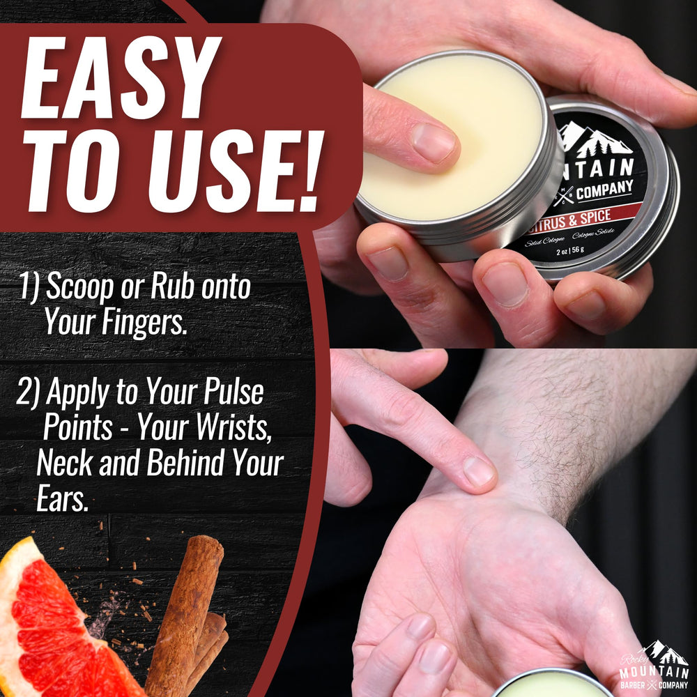 Rocky Mountain Barber Solid Cologne travel-friendly tin for on-the-go refreshment.