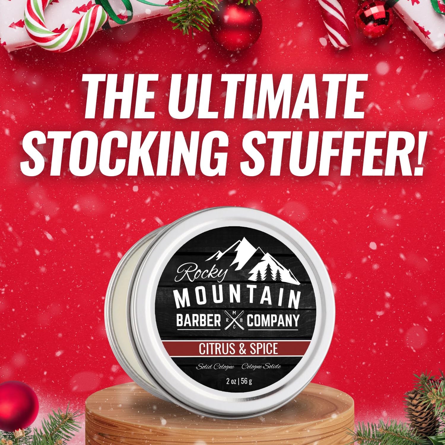 Rocky Mountain Barber Solid Cologne woodsy notes evoke warm, understated scent.