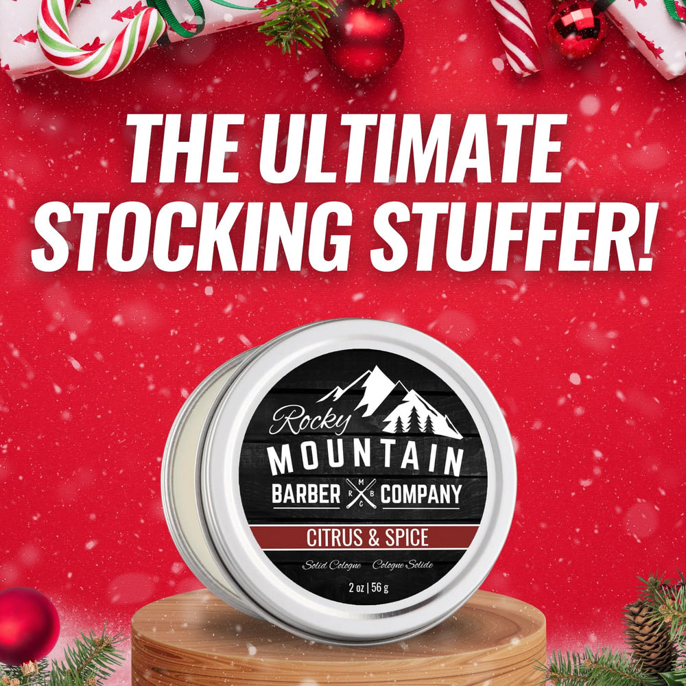 Rocky Mountain Barber Solid Cologne woodsy notes evoke warm, understated scent.