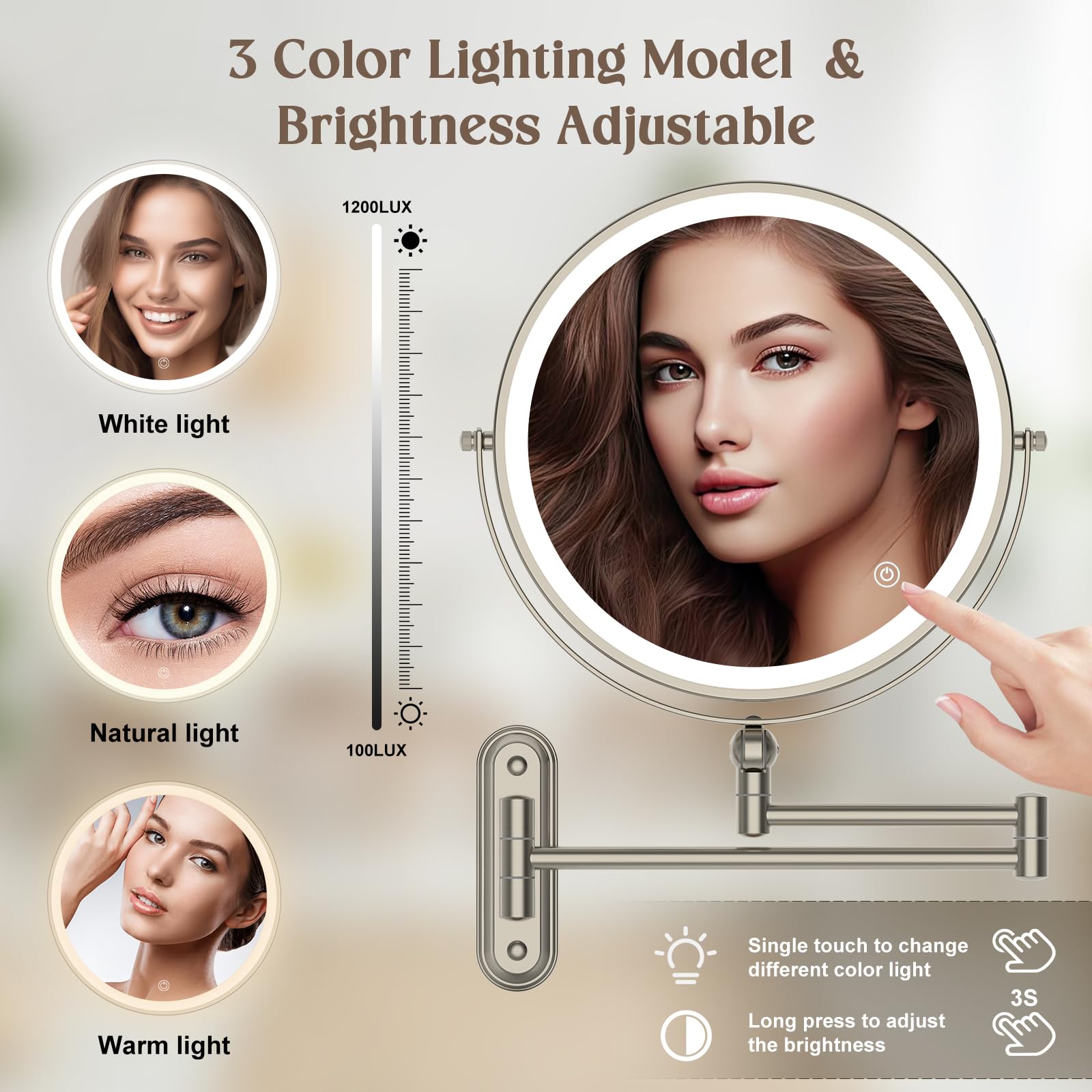 Rocollos mirror with three color lighting options white warm natural