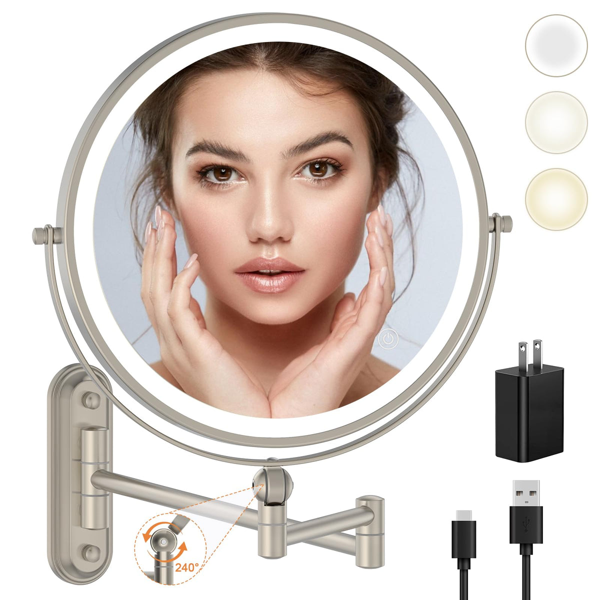 Rocollos 9-inch wall-mounted makeup mirror front view in nickel finish for clear grooming