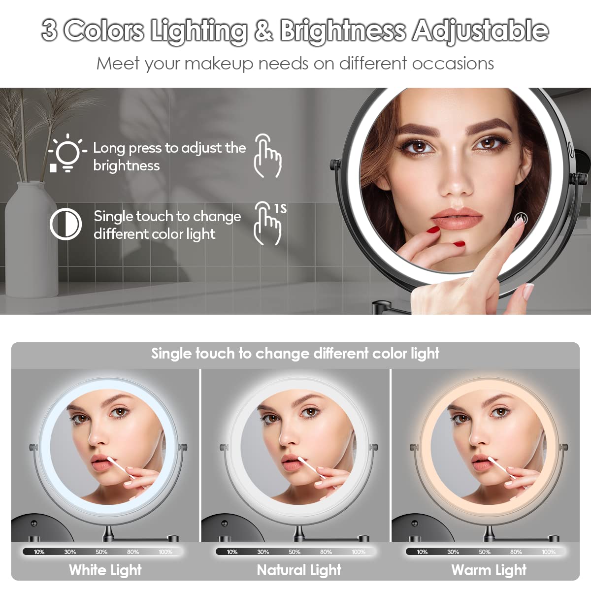 Rocollos three-color lighting option for different makeup scenarios