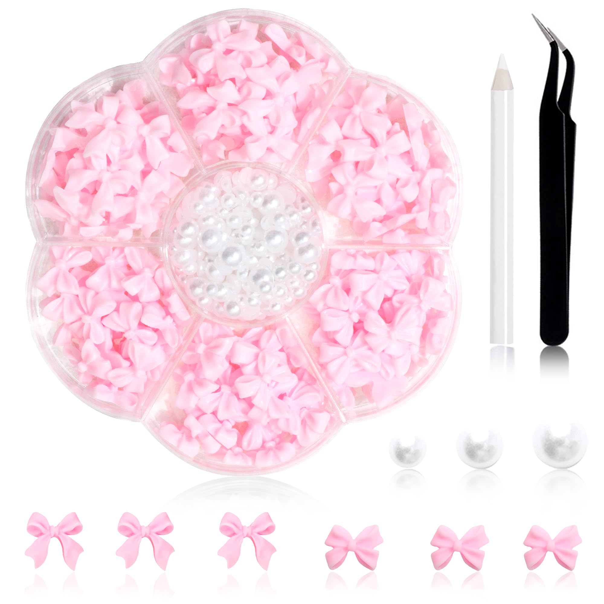 RODAKY 300Pcs Bow Charms and Flatback Pearls set for versatile nail art and DIY crafts