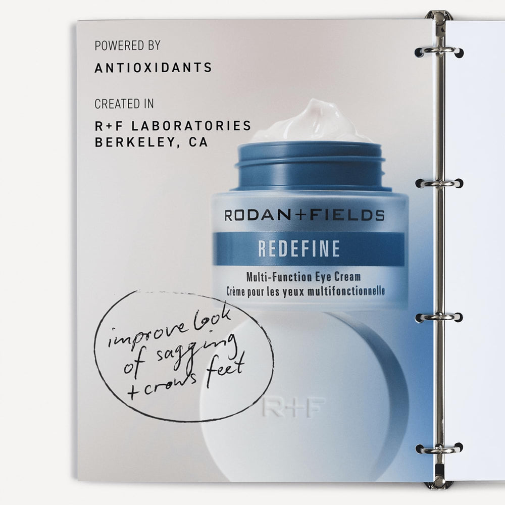 RODAN + FIELDS Redefine Eye Cream morning routine setup indicates glow and hydration.