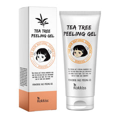 ROKKISS Tea Tree Peeling Gel bottle close-up highlighting gentle exfoliation for smoother skin