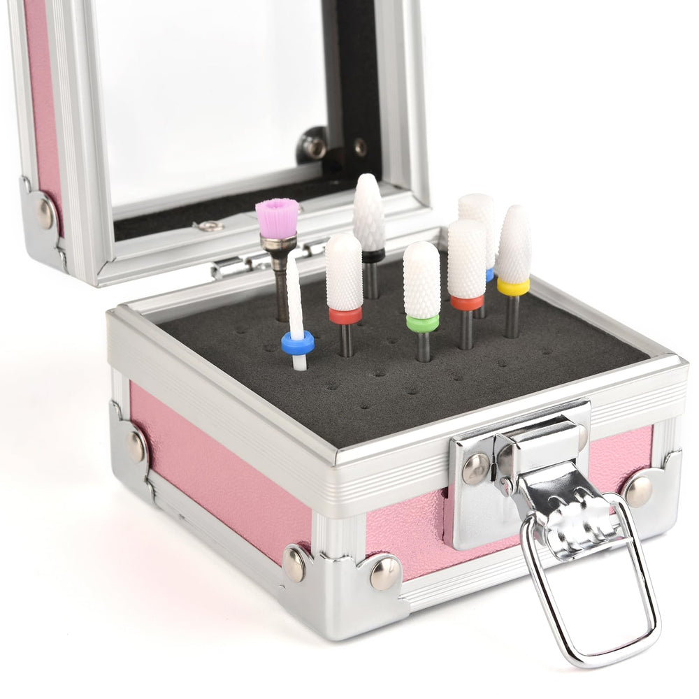 Rolabling pink storage box with transparent cover allows fast viewing of contents.