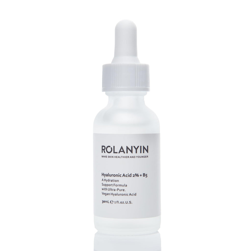ROLANYIN Hyaluronic Acid 2% + B5 Serum bottle closeup highlighting hydrating formula for daily use.