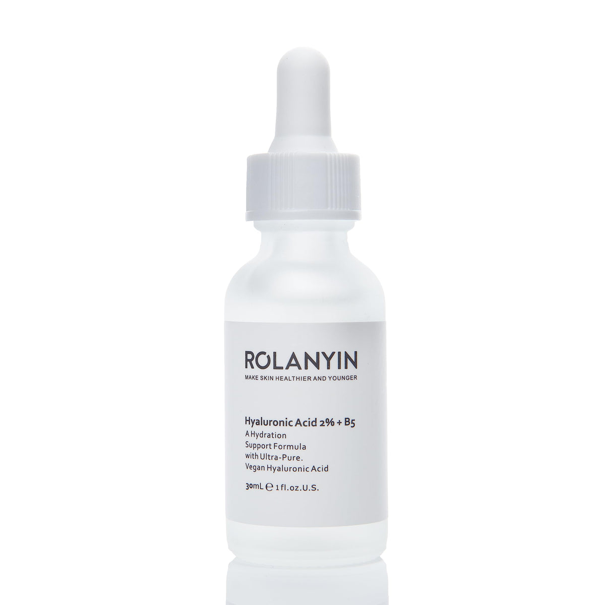 ROLANYIN Hyaluronic Acid 2% + B5 Serum bottle closeup highlighting hydrating formula for daily use.