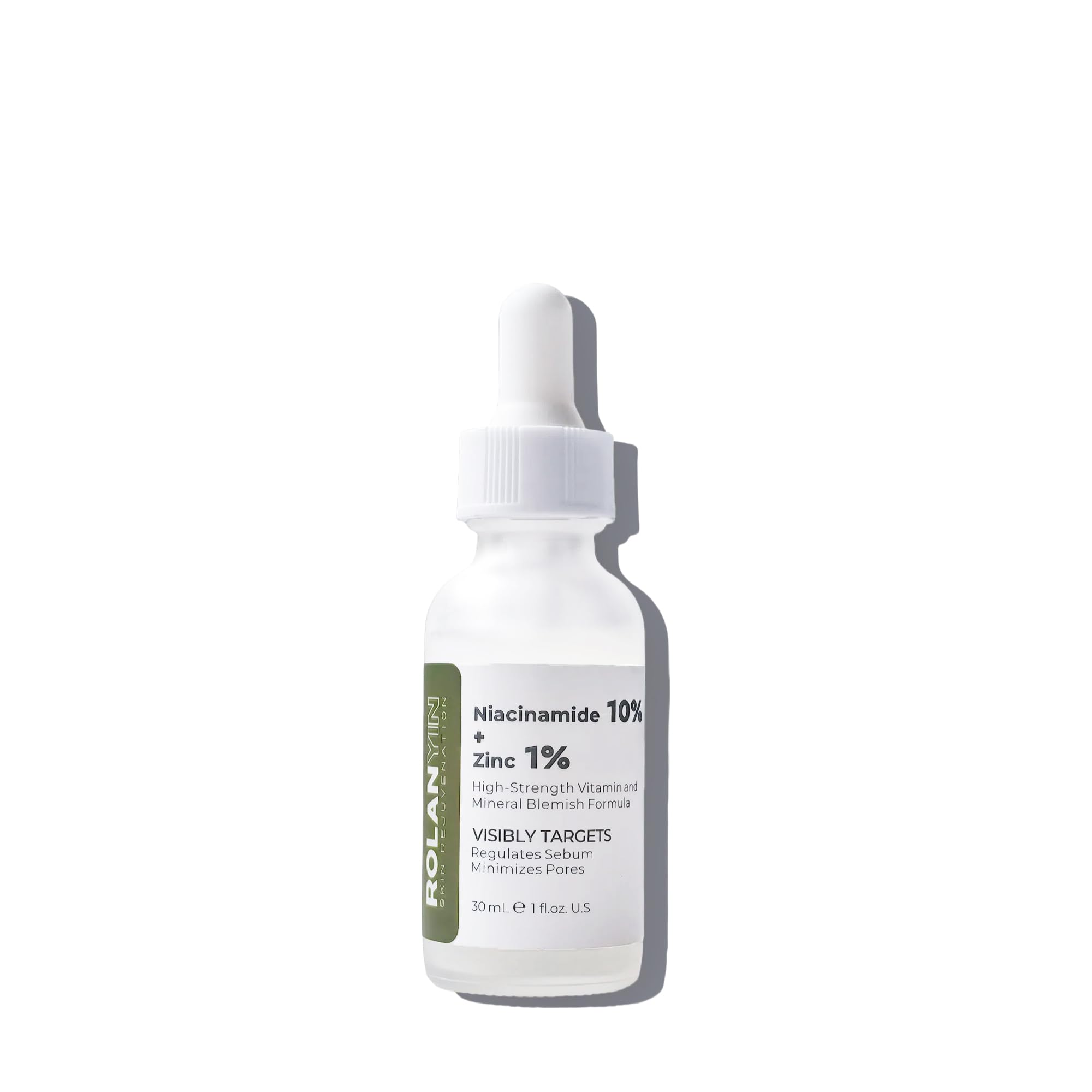 ROLANYIN niacinamide zinc serum bottle demonstrates oil-control for clearer skin.