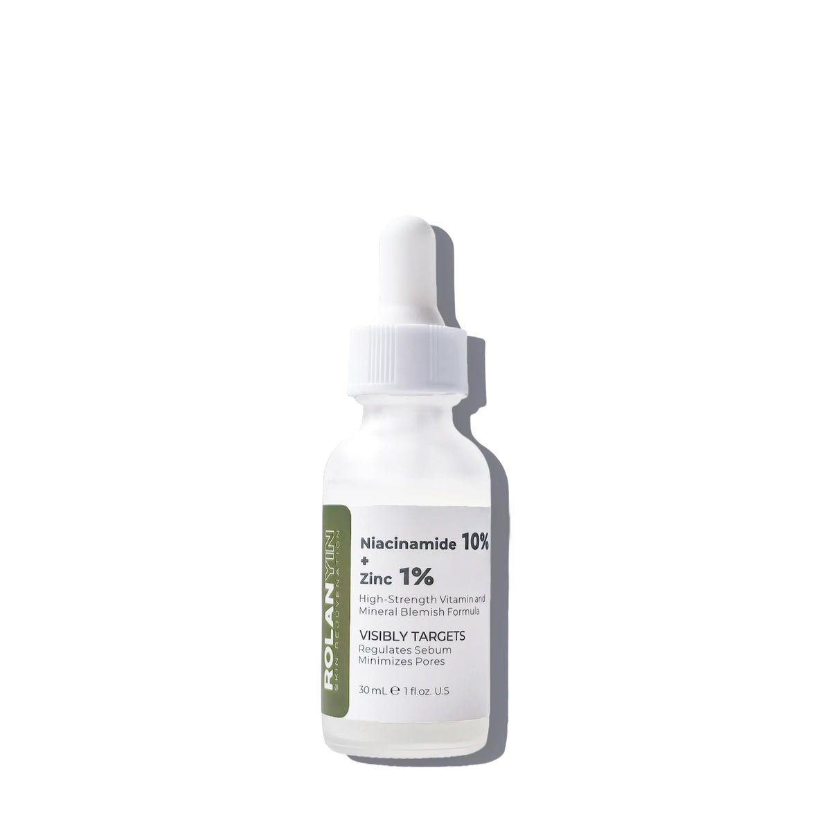 ROLANYIN niacinamide zinc serum bottle demonstrates oil-control for clearer skin.