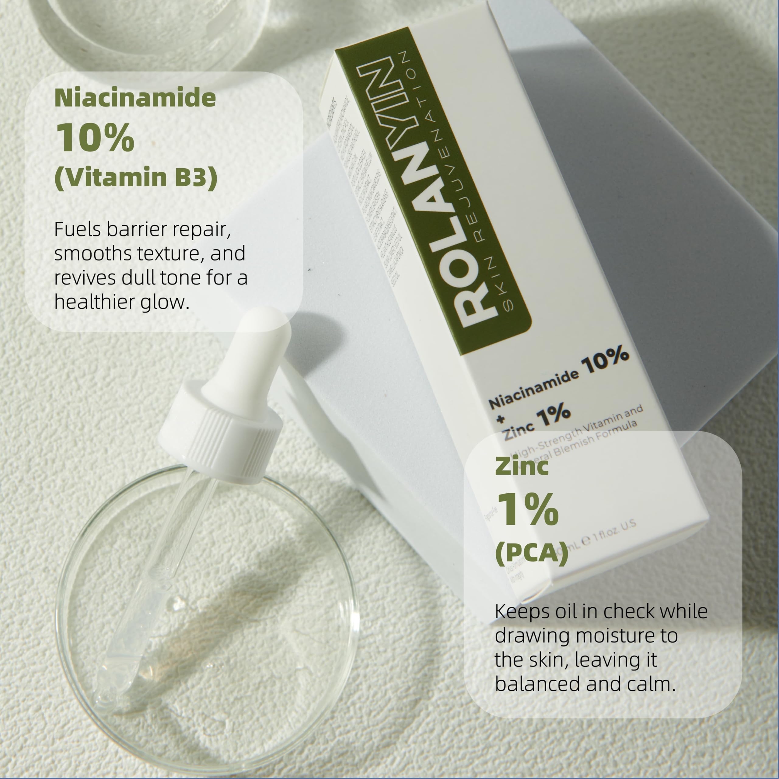 ROLANYIN serum-texture swirled on skin highlights fast-absorbing formula.