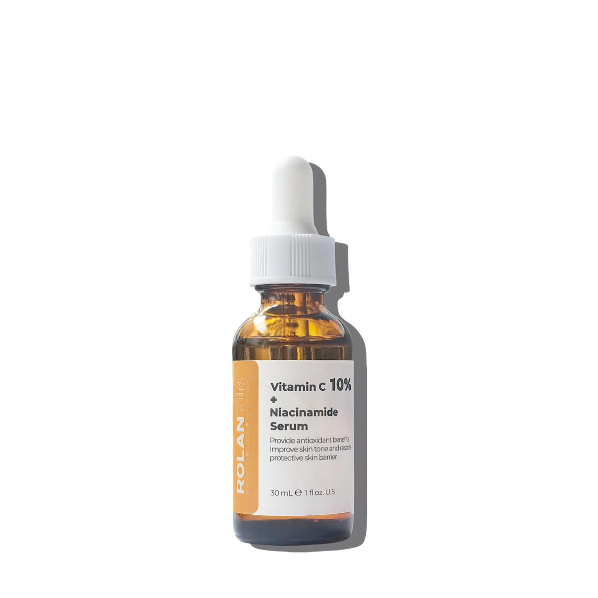 ROLANYIN Vitamin C 10% Serum bottle shows radiant glow as part of daily routine.