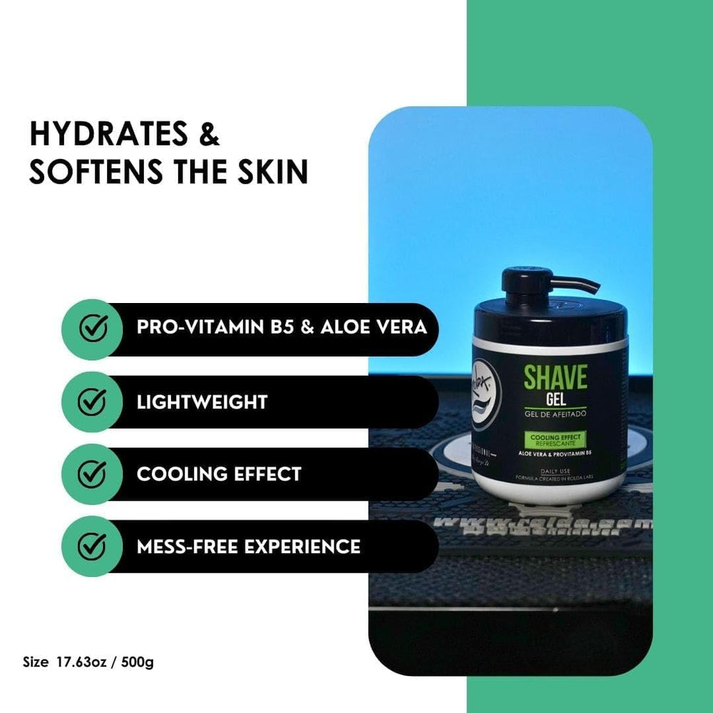 Rolda barber-grade gel image conveys professional-quality shaving results.