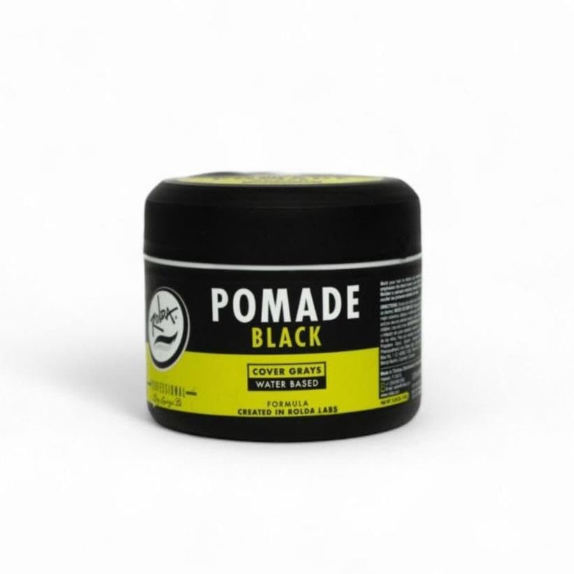 Rolda Black Pomade jar closeup showing rich texture for controlled styling.