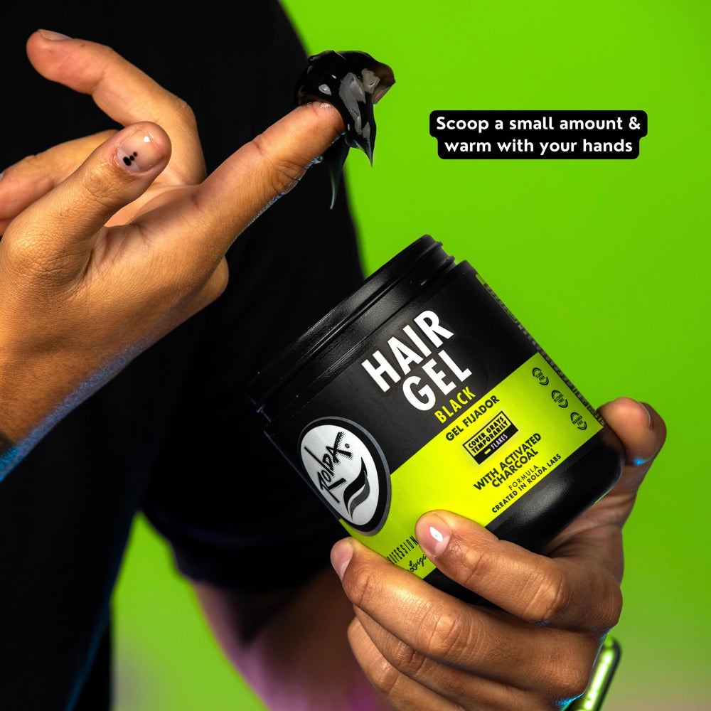 Rolda Black Styling Gel on hair for slick-back look—demonstrates sleek wet finish with medium shine.