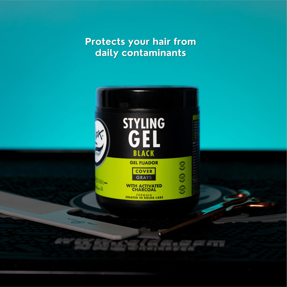 Rolda Black Styling Gel tube side view—clear label showing long-lasting hold and charcoal tint.