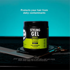 Rolda Black Styling Gel tube side view—clear label showing long-lasting hold and charcoal tint.