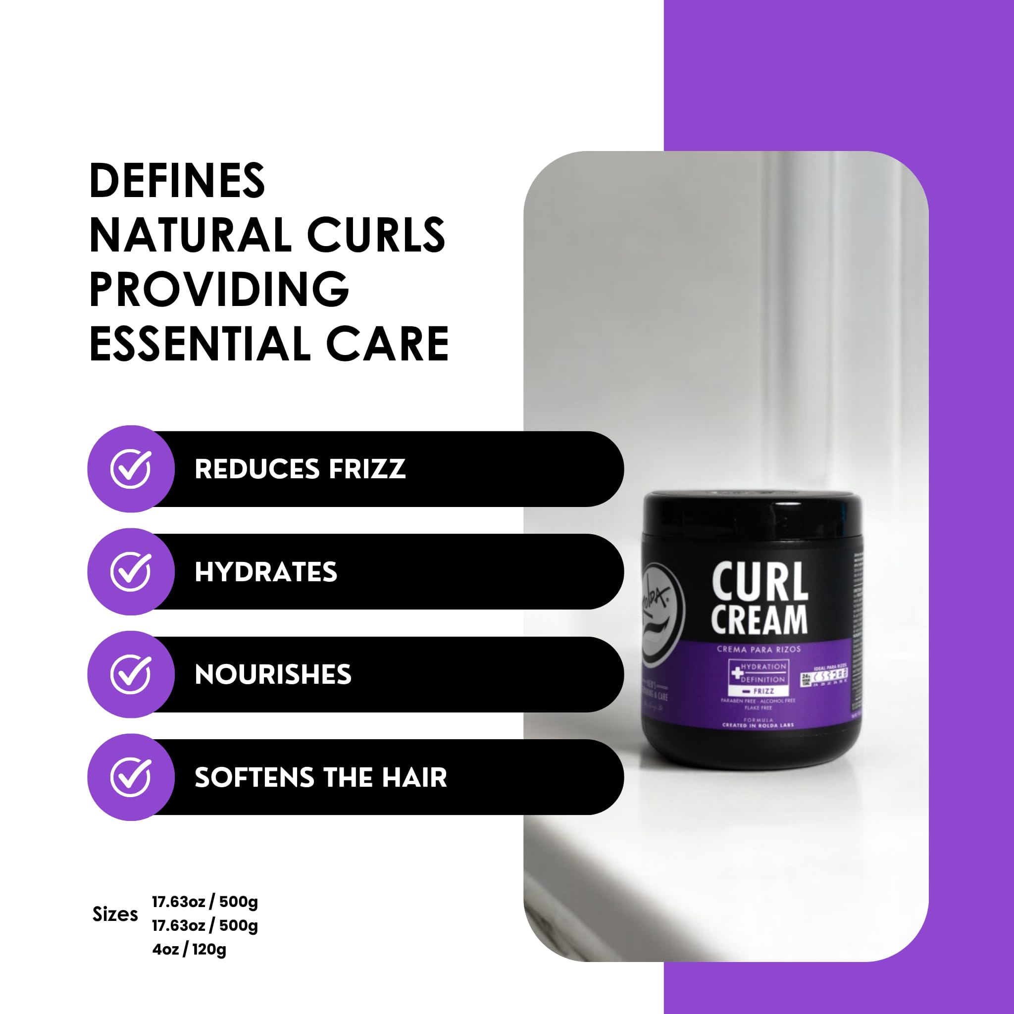 Rolda Curl Cream 17oz wet-hair definition shows clump-free, hydrated curls.