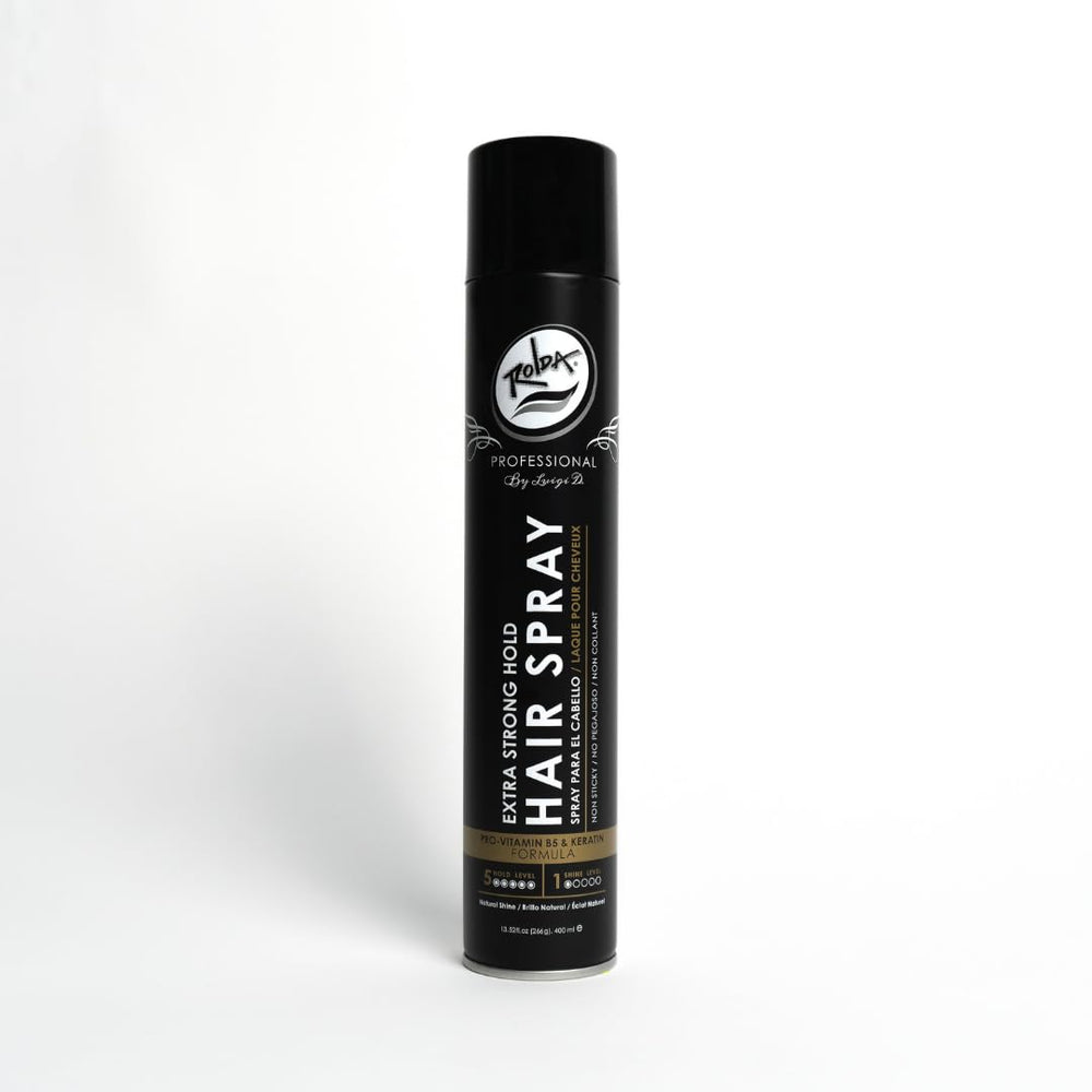 Rolda Extra Strong Hold Hair Spray bottle with spray nozzle supports long-lasting hold for all-day styling.