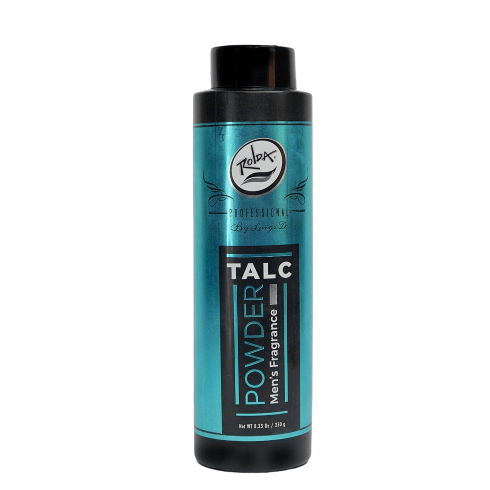 Rolda Men's Barber Talc Powder shows its fine texture for a soft, moisture-reducing finish.