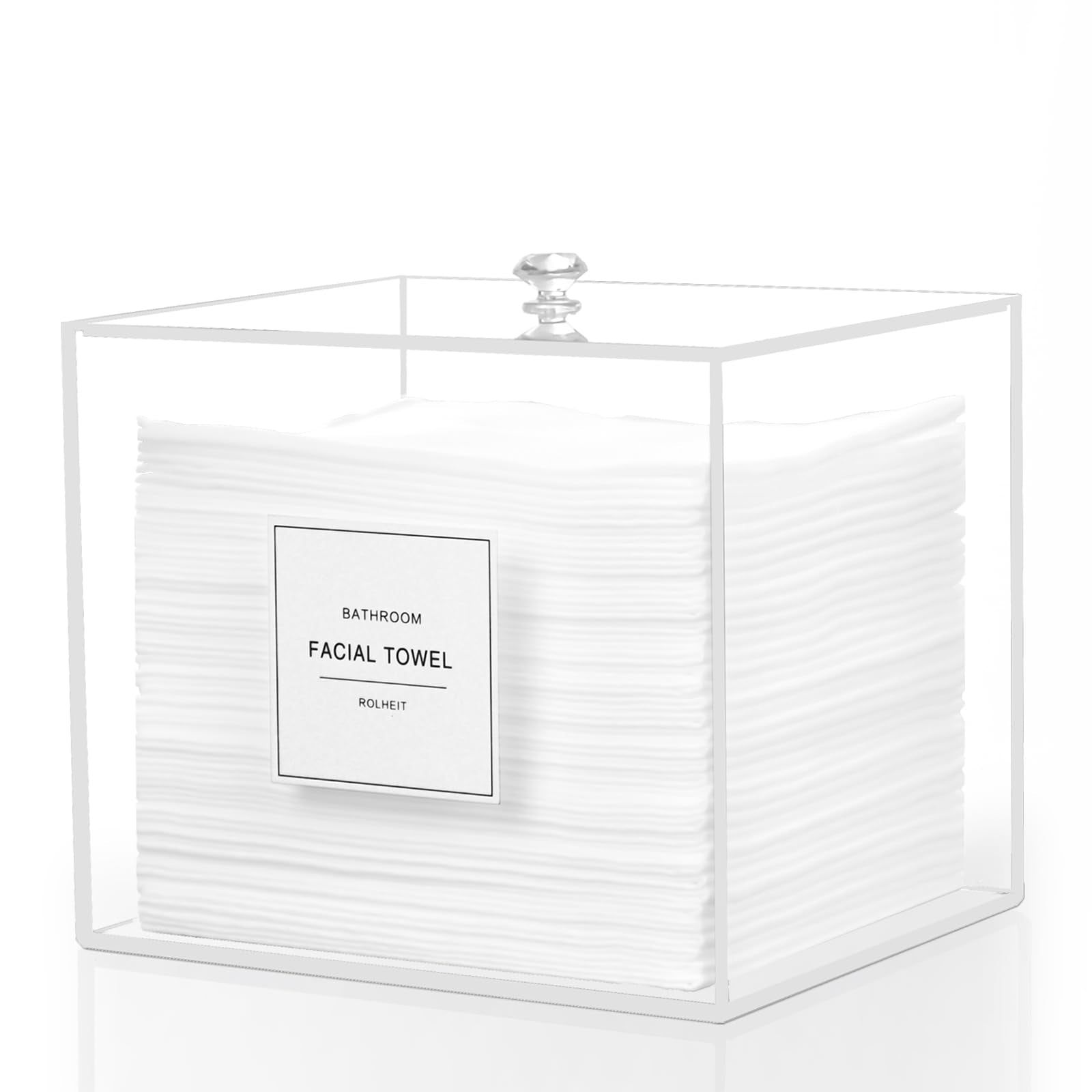Rolheit disposable face-towel holder in a clear acrylic box offering spacious towel storage