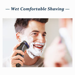 Rollingfit SH30 head on skin demonstrates protective glide for dry shaving.