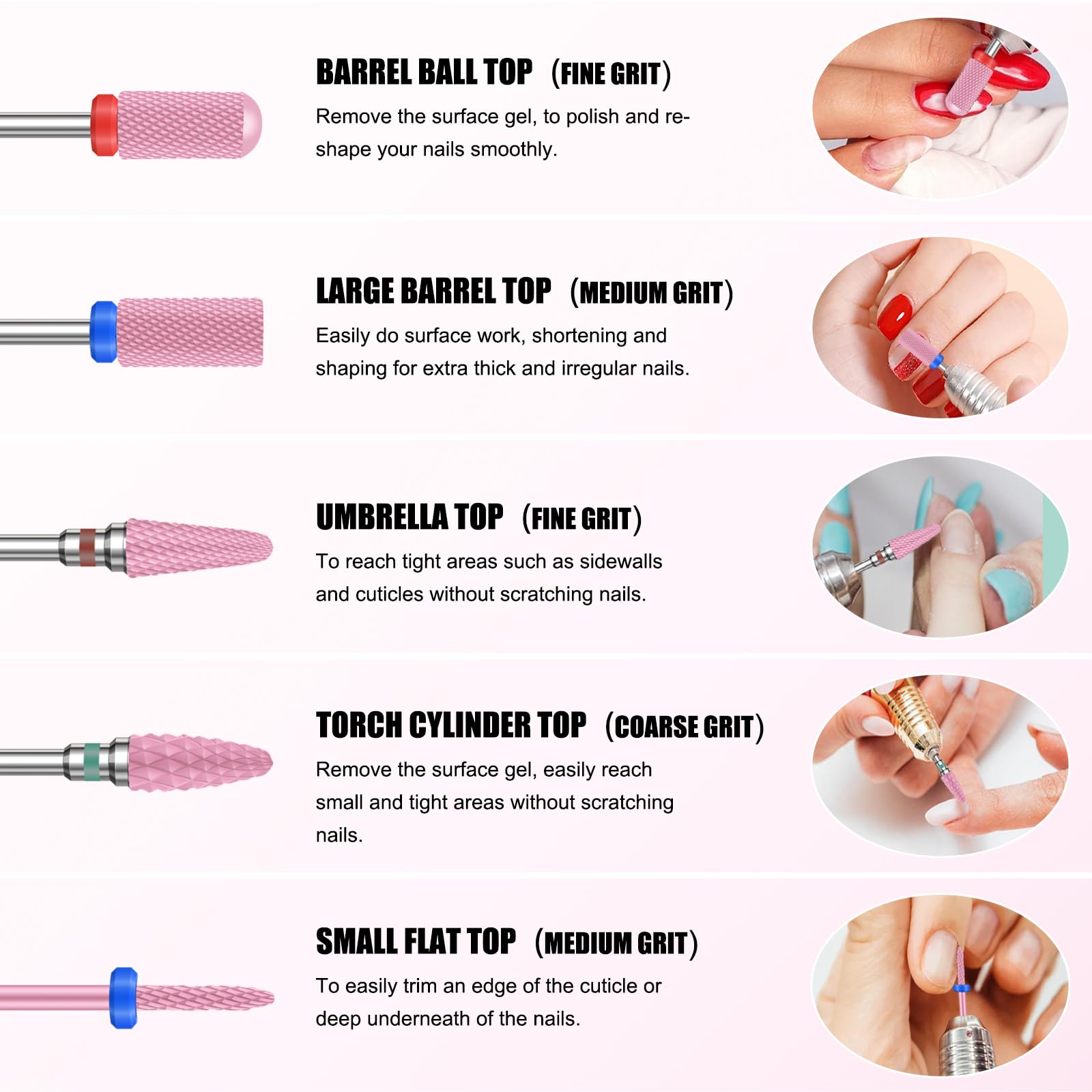 Rolokit ceramic nail drill bits fine barrel ball for gentle smoothing.