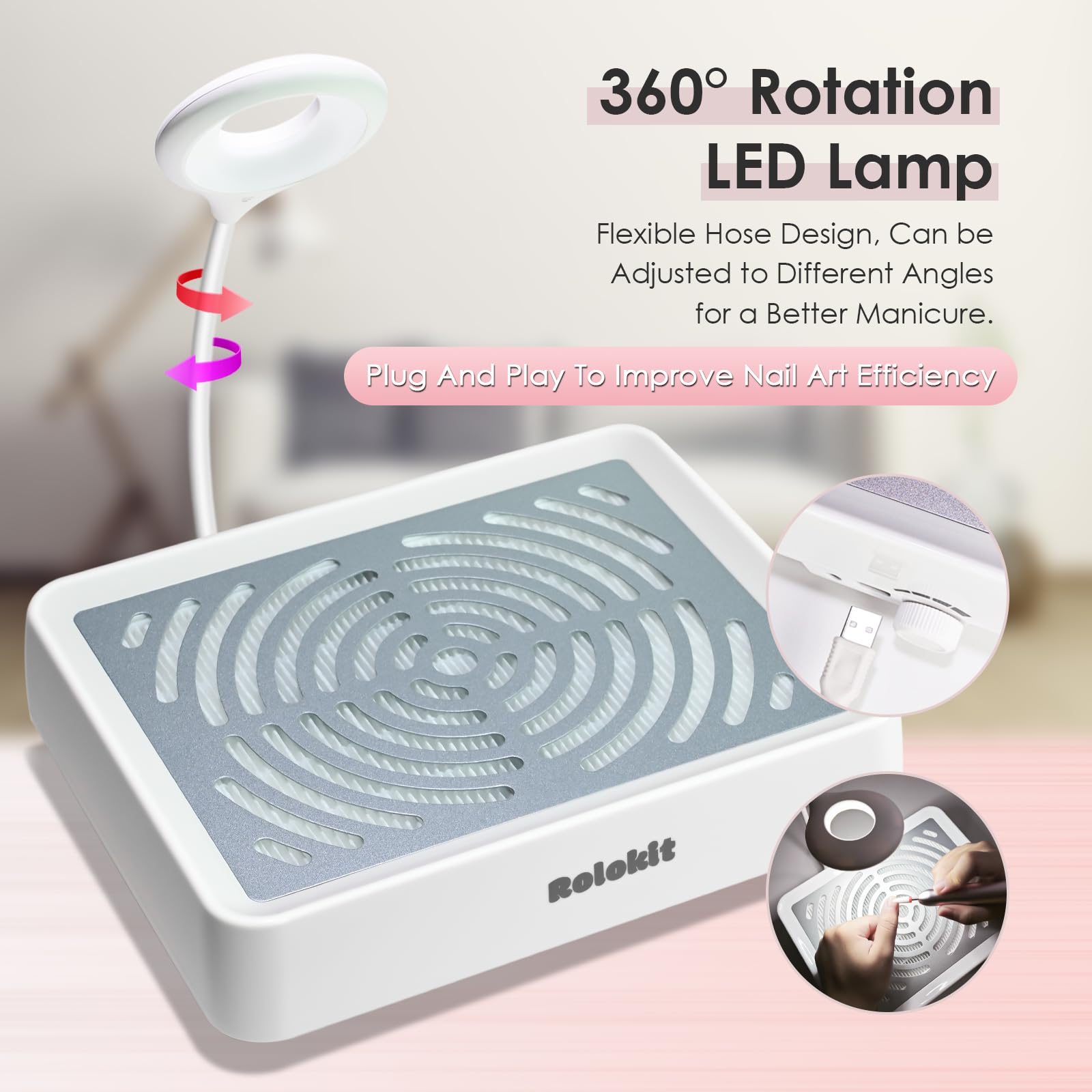 Rolokit LED lamp dust collector showing adjustable lighting for detailed nail art