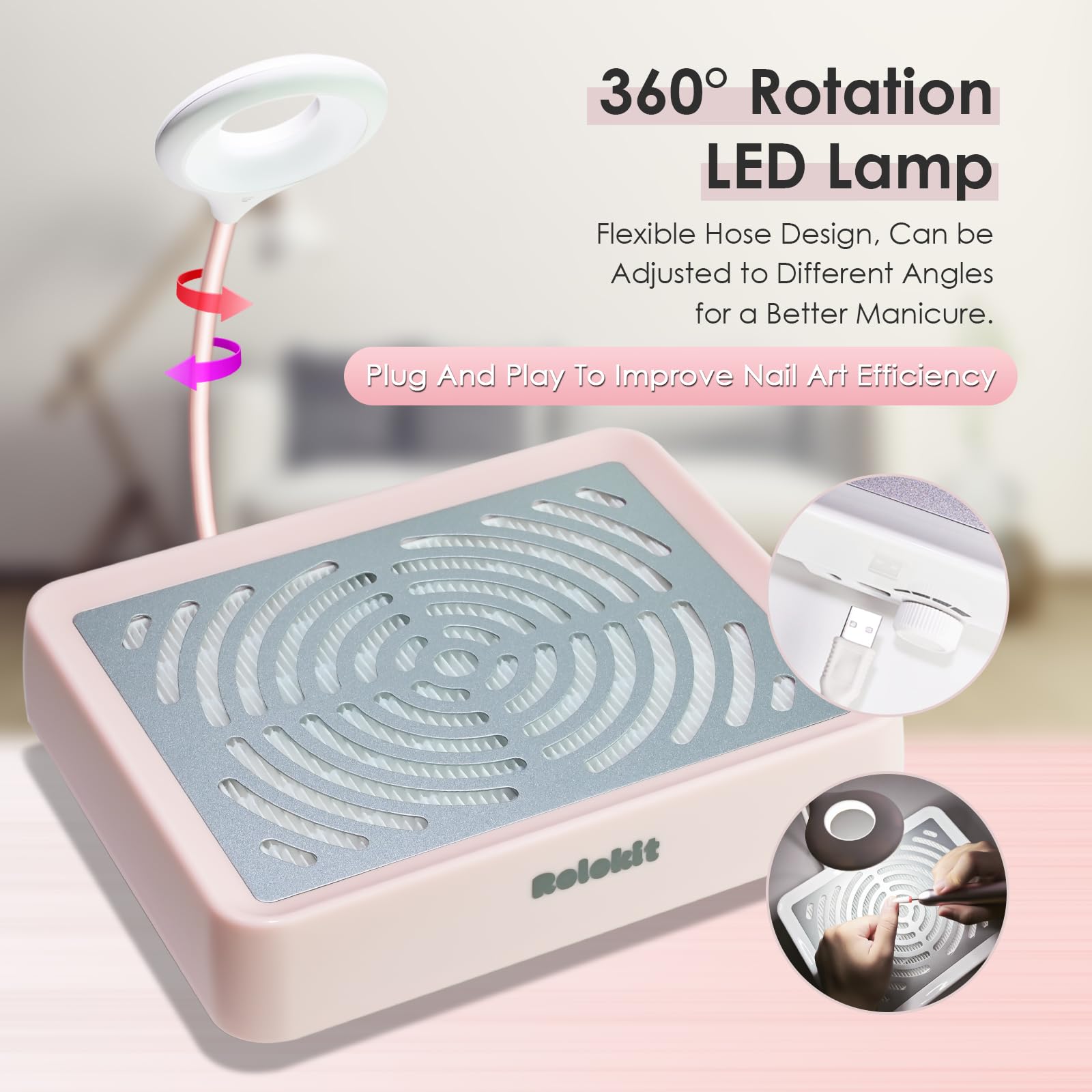 Rolokit nail dust collector keeps workspace clean with 50pcs disposable filters