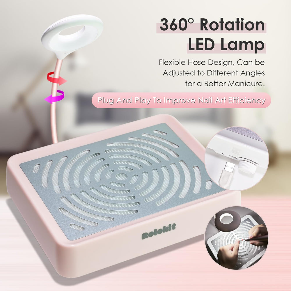 Rolokit nail dust collector keeps workspace clean with 50pcs disposable filters