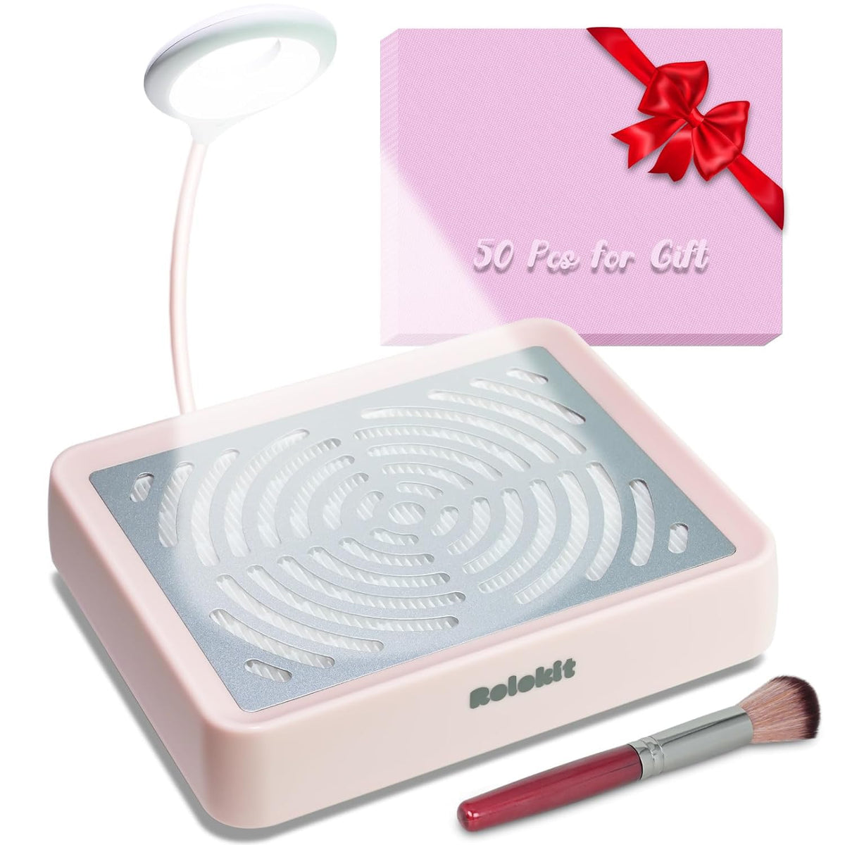 Rolokit nail dust collector with lamp pink illuminates workspace for precise nail art