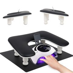 Rolomanve arm rest with foldable phone holder provides hands-free viewing during manicures.