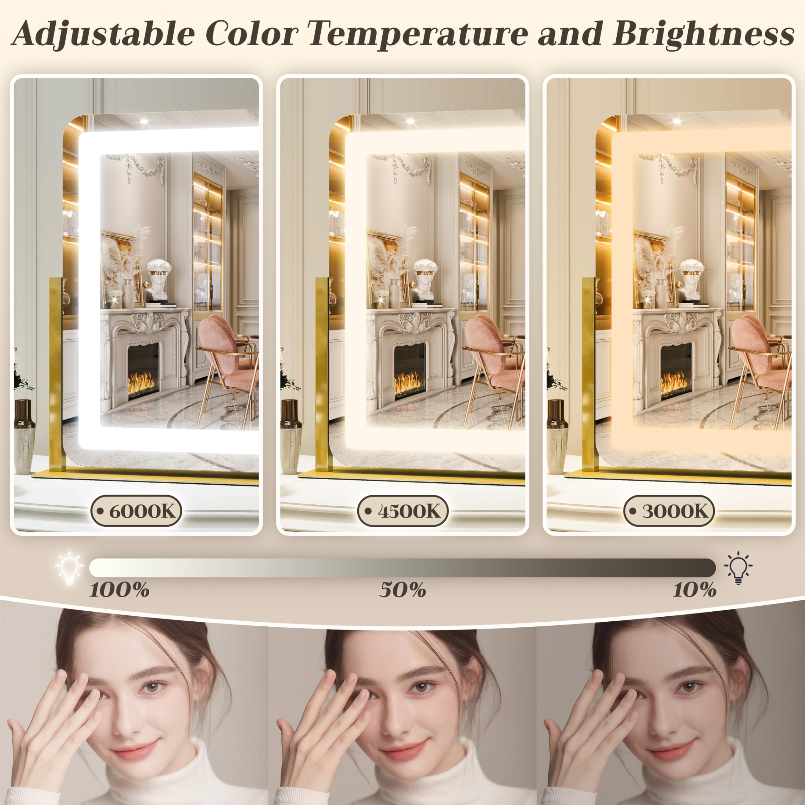ROLOVE vanity mirror rotated 360 degrees for optimal angle