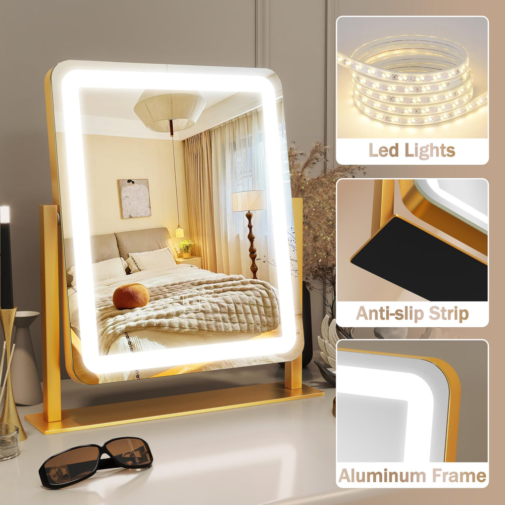 ROLOVE Gold Vanity Mirror with 360-degree rotation for flexible angle adjustments.