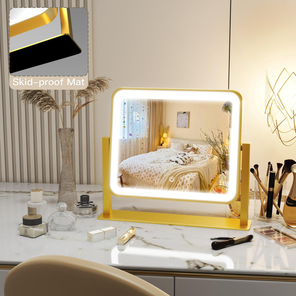 ROLOVE Gold Vanity Mirror base detail shows stable non-slip support