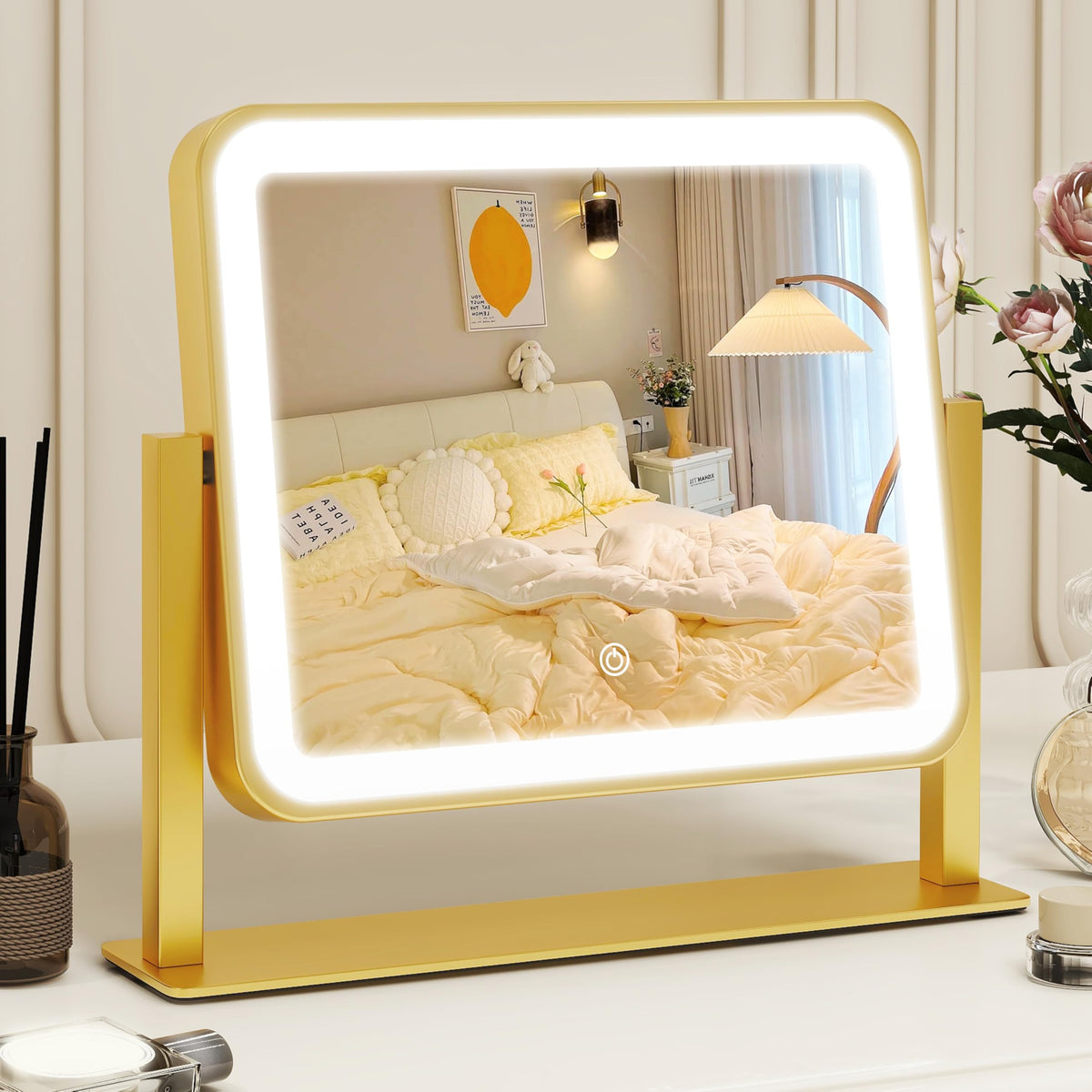 ROLOVE Gold Vanity Mirror front view with adjustable LEDs for precise makeup lighting
