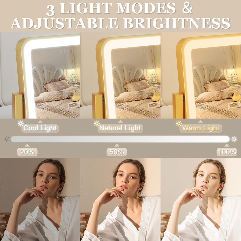 ROLOVE Gold Vanity Mirror LED lights on for versatile warm to cool tones