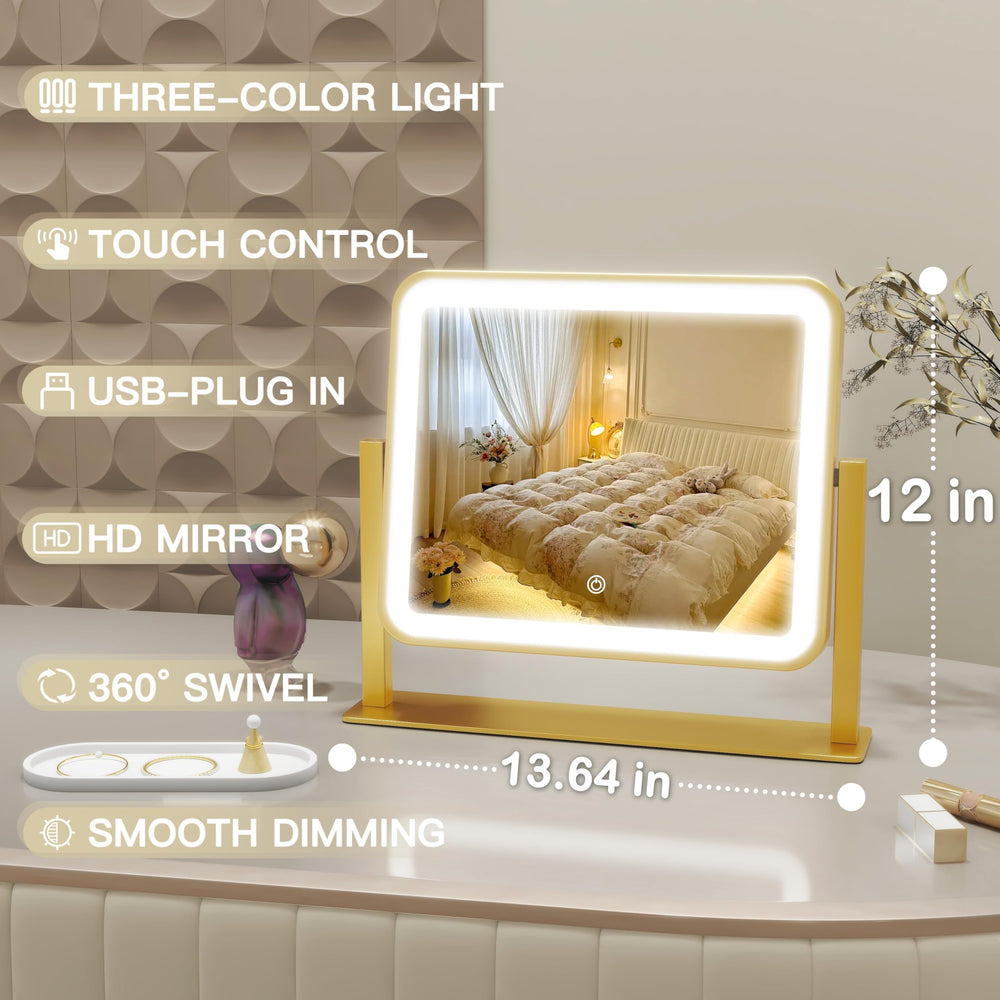 ROLOVE Gold Vanity Mirror side angle showing compact desk-friendly design