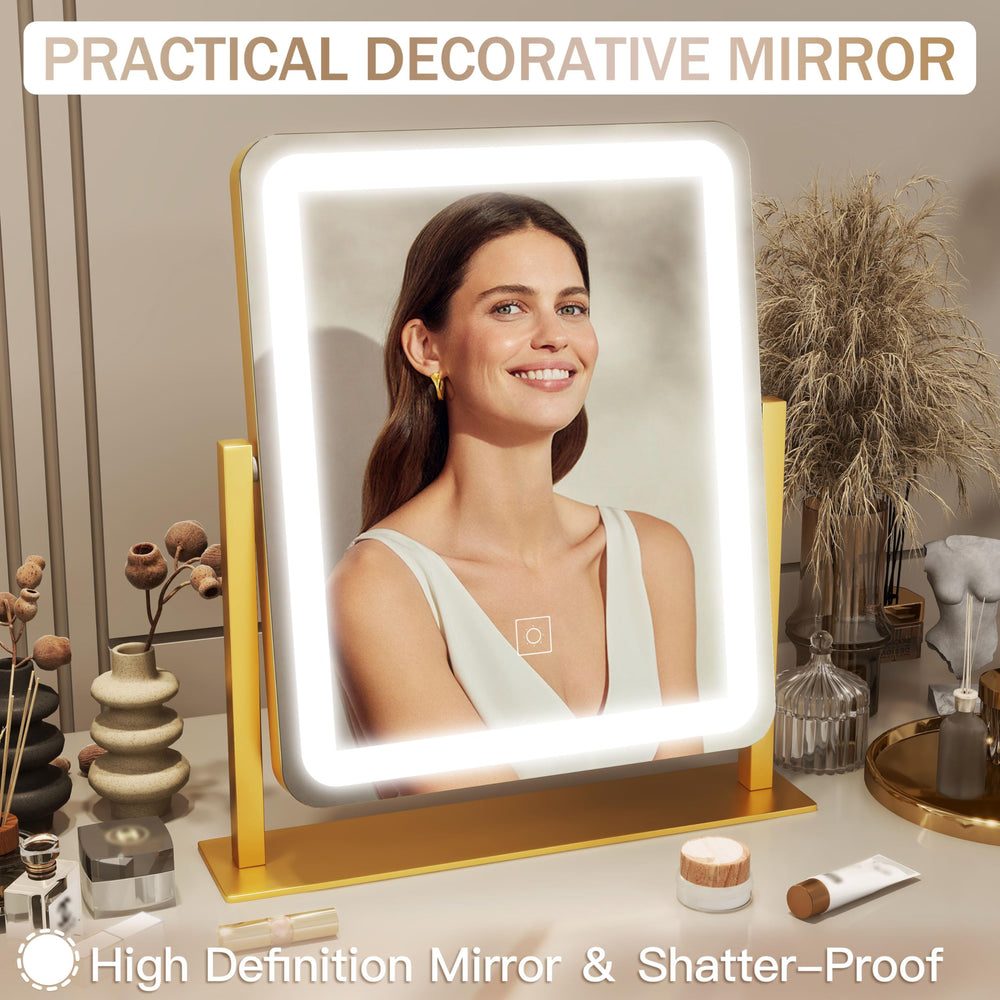 ROLOVE Gold Vanity Mirror demonstrates stepless brightness for precise glow control.