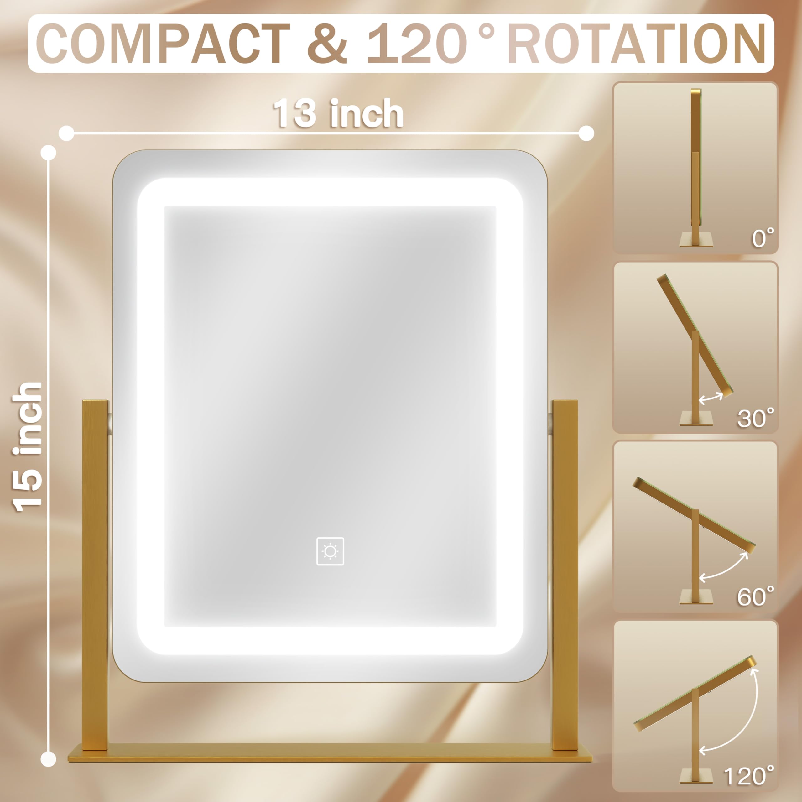 ROLOVE Gold Vanity Mirror shows three-color lighting options for makeup under various tones.