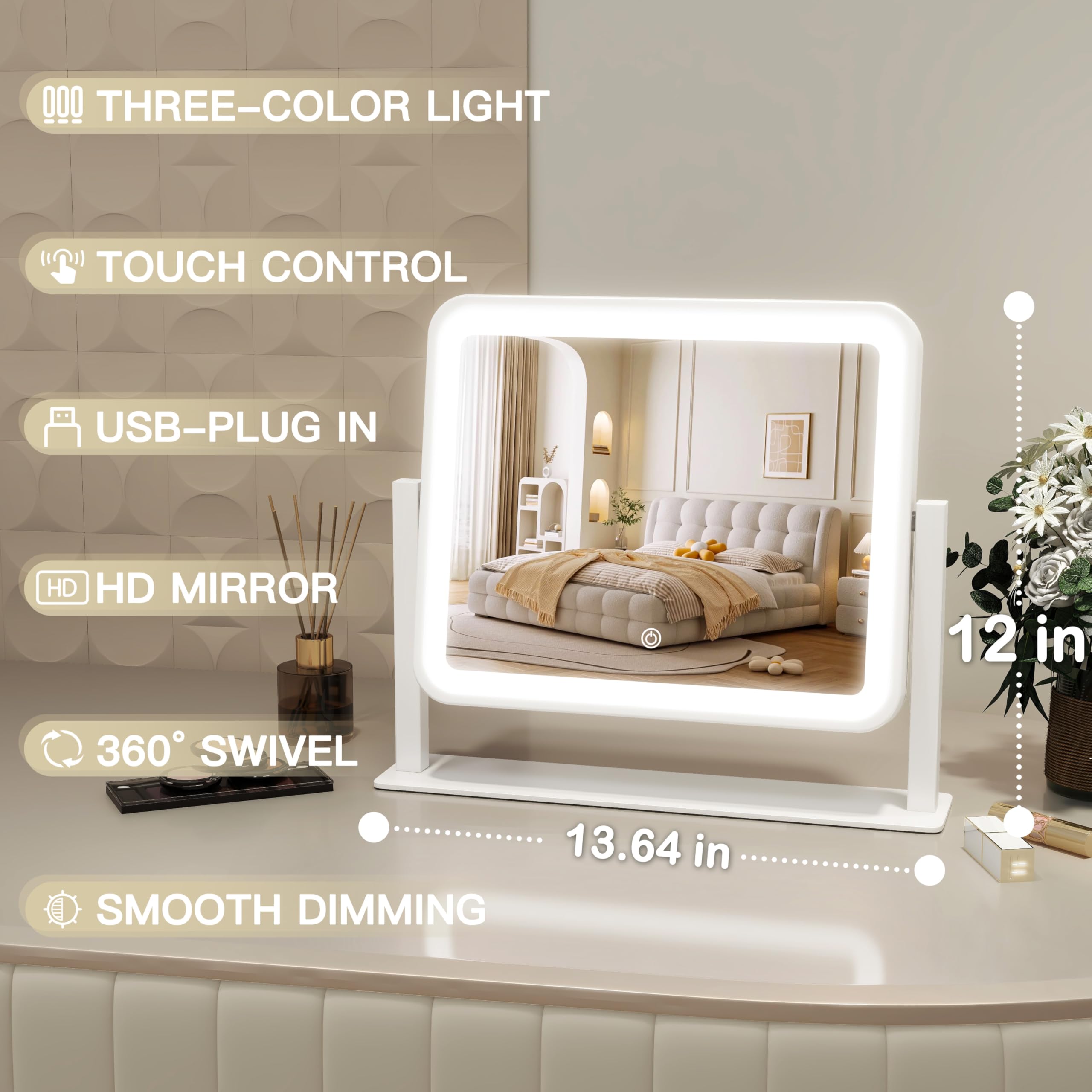 ROLOVE LED makeup mirror straight-on view enhances skin detail for contouring