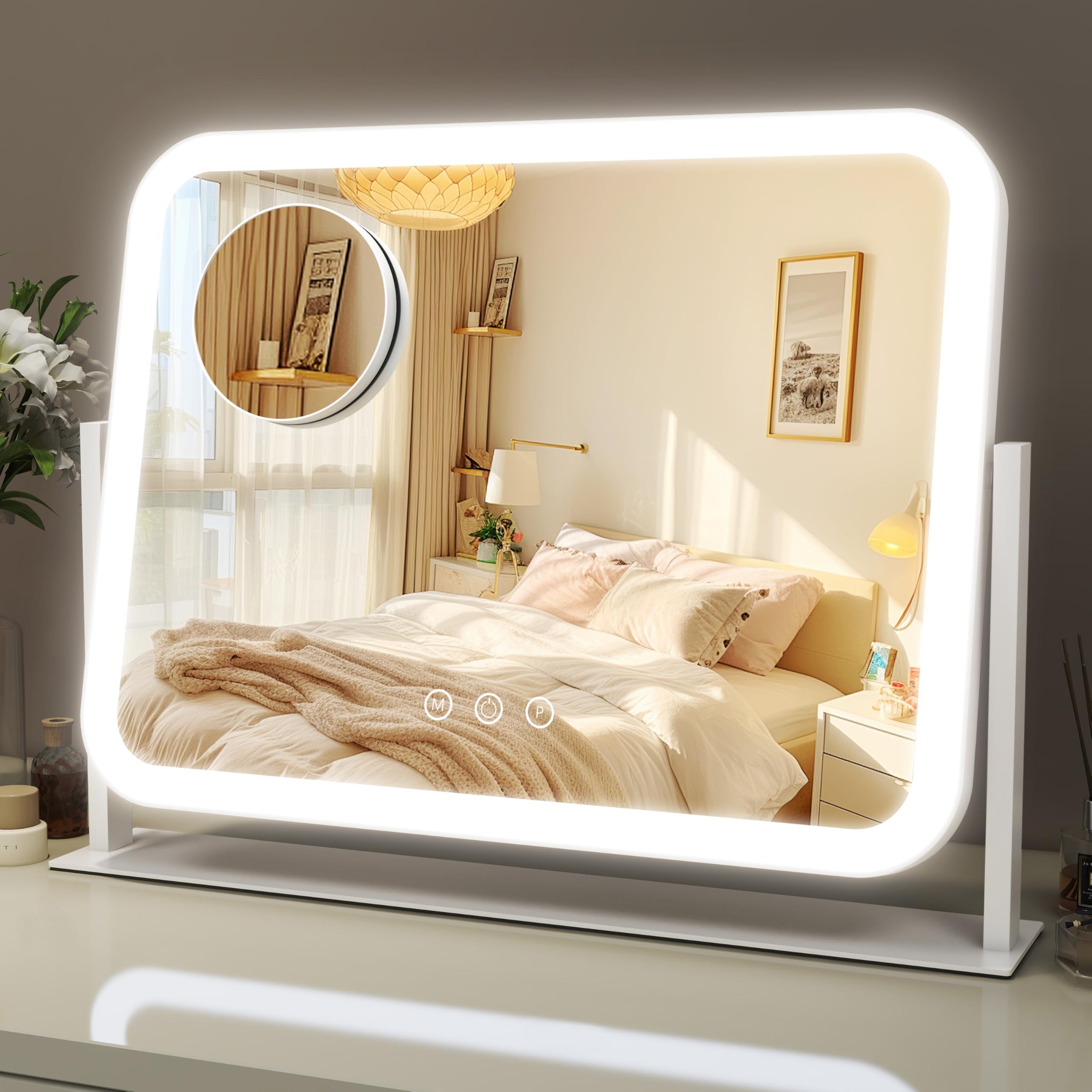ROLOVE lighted makeup mirror front view showing oversized surface for full-face makeup tasks