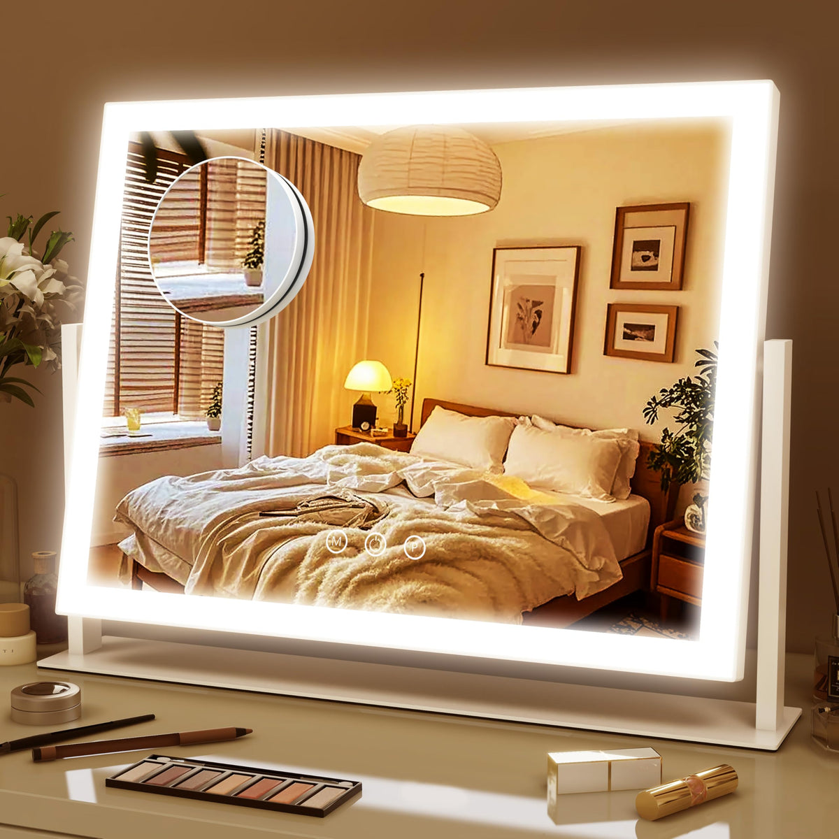 ROLOVE lighted makeup mirror full-view for complete makeup application with balanced lighting.