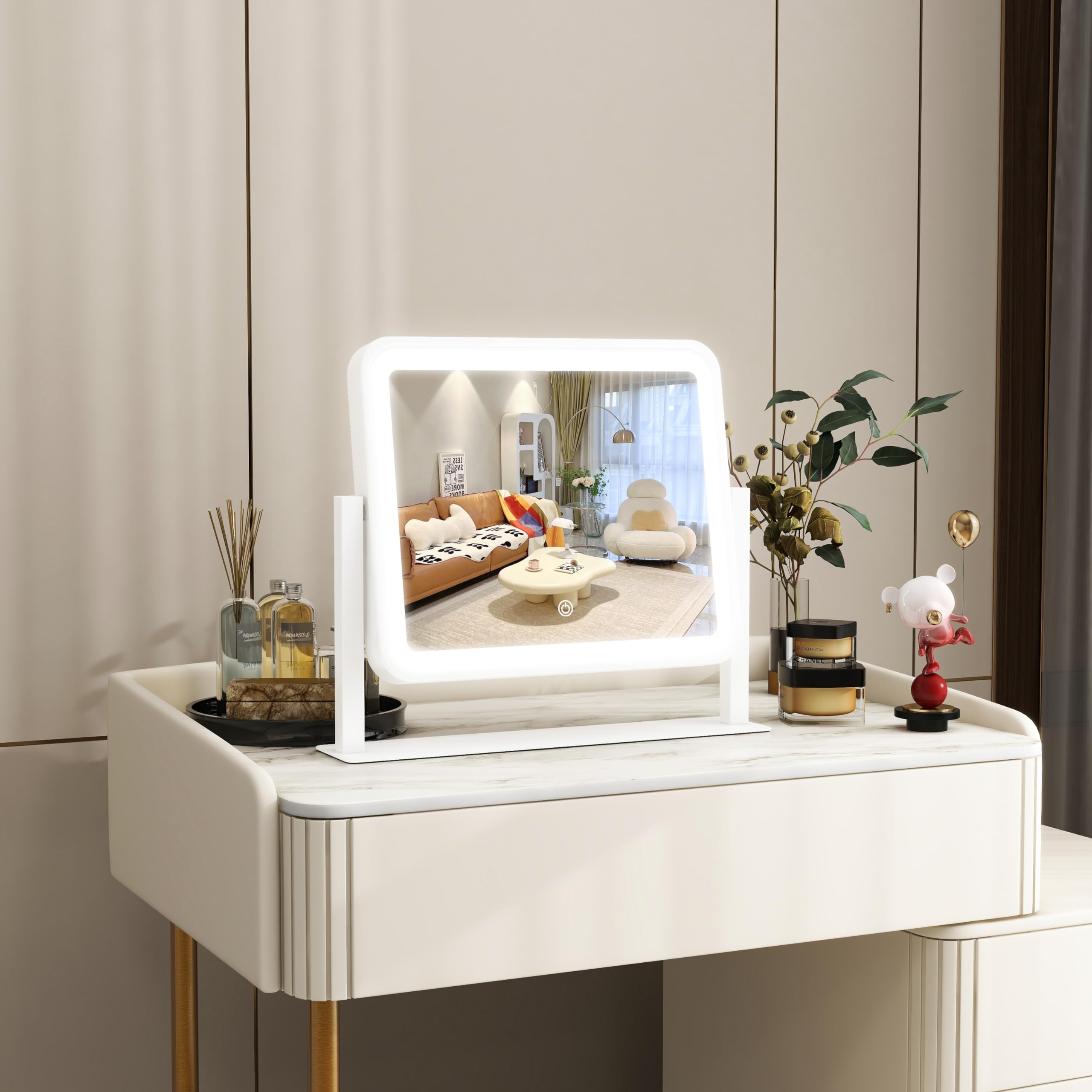 ROLOVE vanity mirror with smart dimming shows warm to cool light for tasks